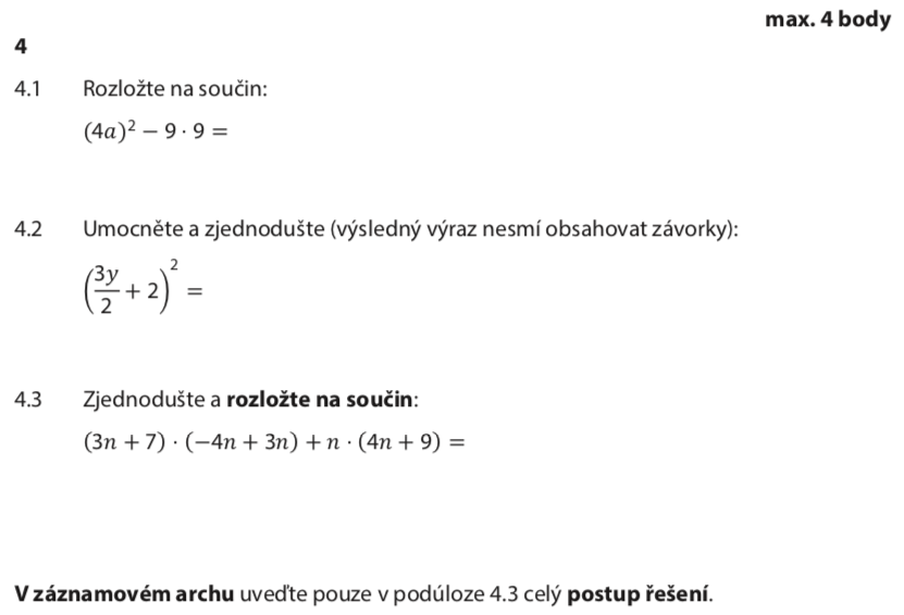 Přijímací test z matematiky na střední školy - náhradní termín - zadání úlohy 4